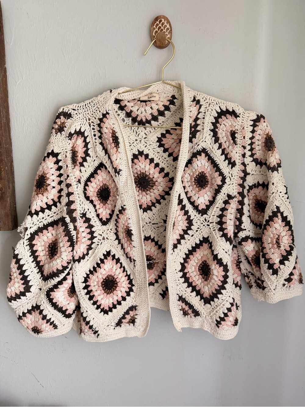 Anthropologie Crochet Granny-Square Cardigan in Cream, Pink, Black